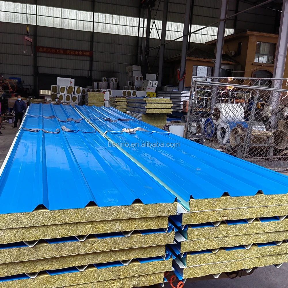 Rock Wool Products Fireproof Sandwich Panel Color Steel Insulation Rock Wool Sandwich Panel Corrugated Prefab Warehouse