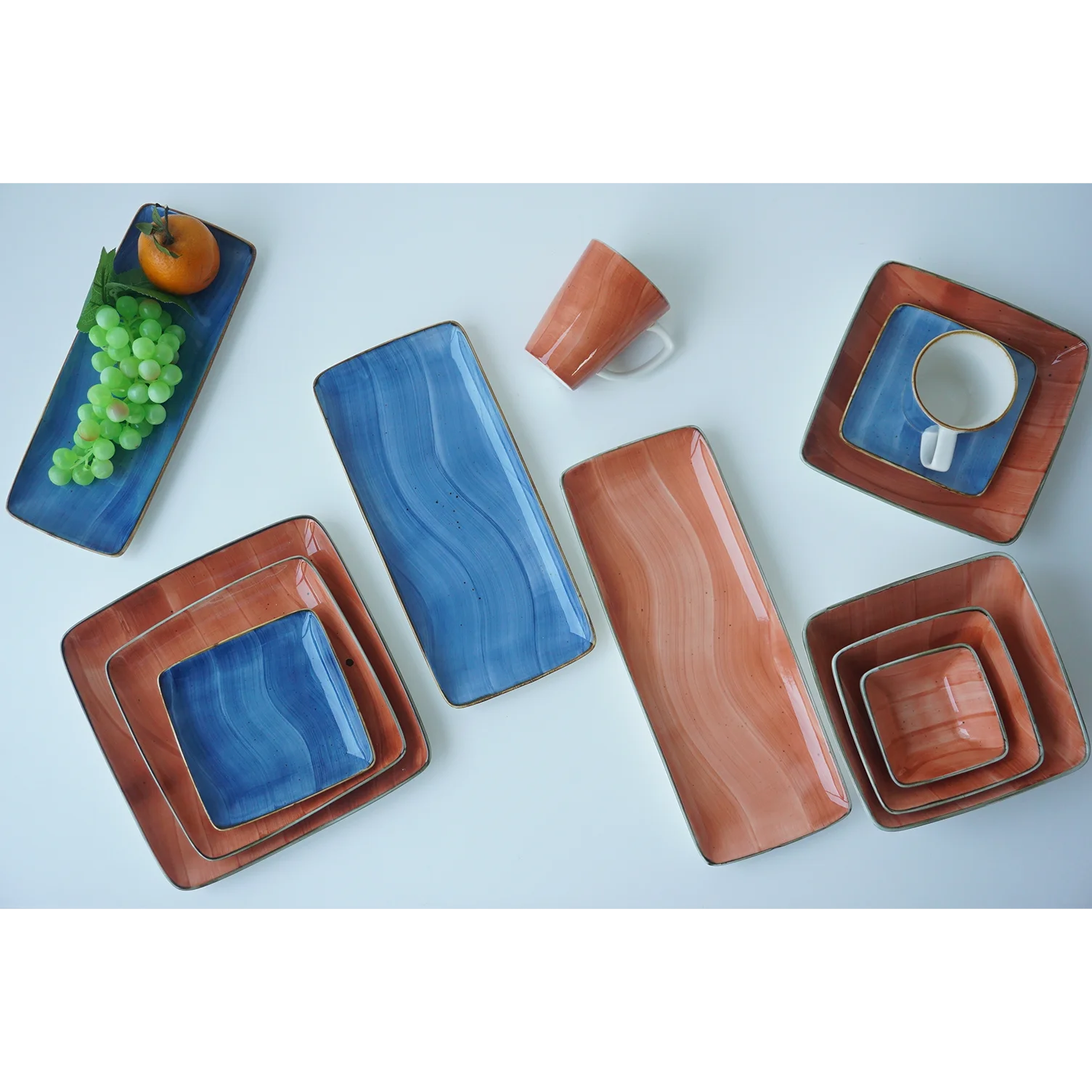 Wholesale New Blue Square Bowl Plate Porcelain Fish Plates Dinnerware Cup Color Ceramic for Home Carton Dinnerware Sets Country