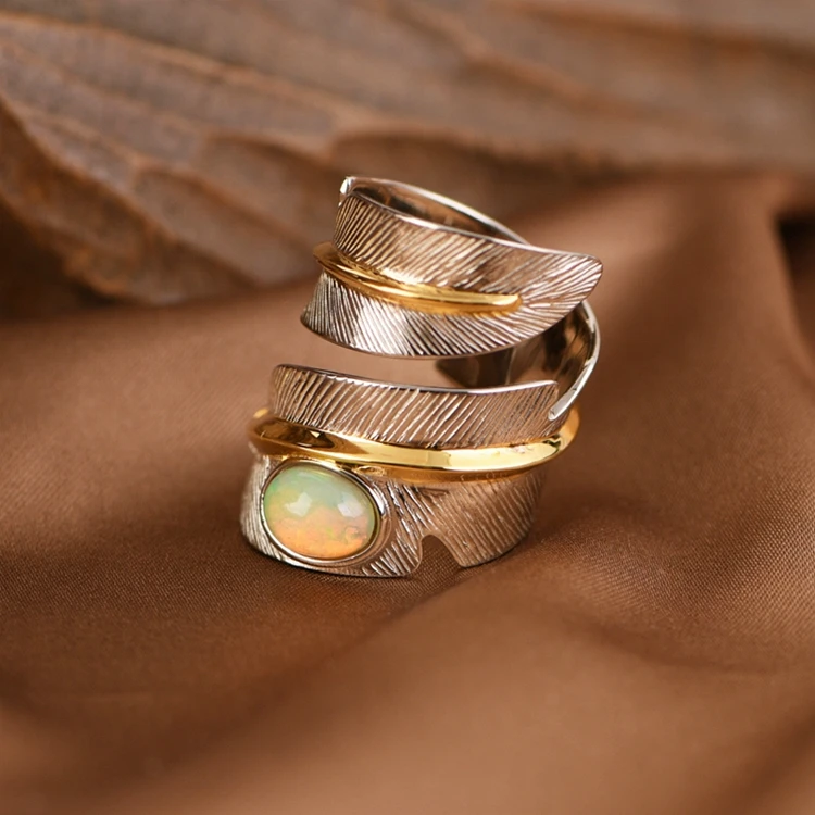 Authentic silver jewelry S925 Sterling Silver Ring Fashion Gold Plated Feather Set Opal Adjustable Ring for Women