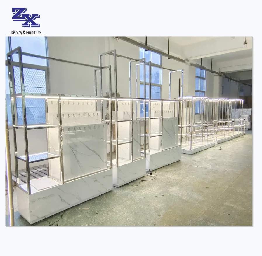 Bespoke Quality Luxury Clothing Display Rack with LED Glass Shelf for Fashion Shop Fittings and Display Shop Fixtures