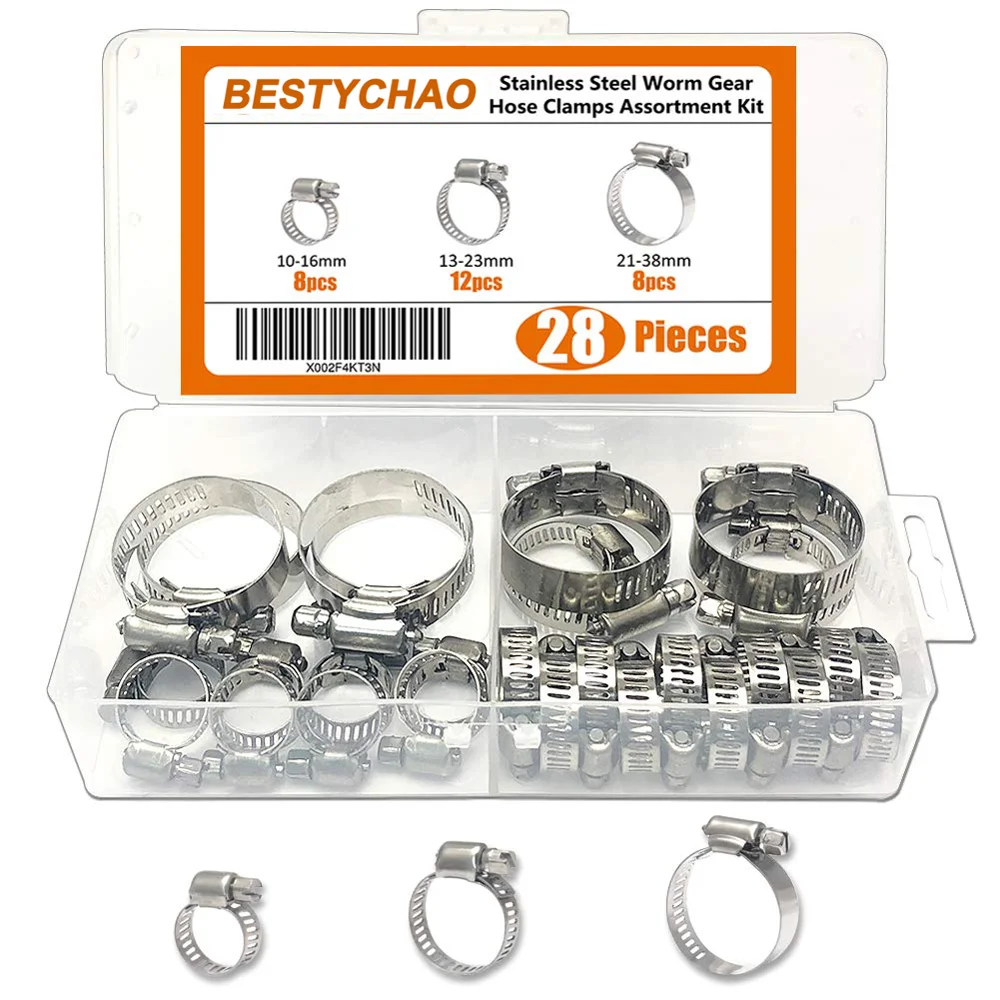 
BESTYCHAO 28pcs 304 Stainless Steel Adjustable 10-38mm Range Worm Gear Hose Clamps Assortment Kit (8-16mm, 13-23mm, 21-38mm) 