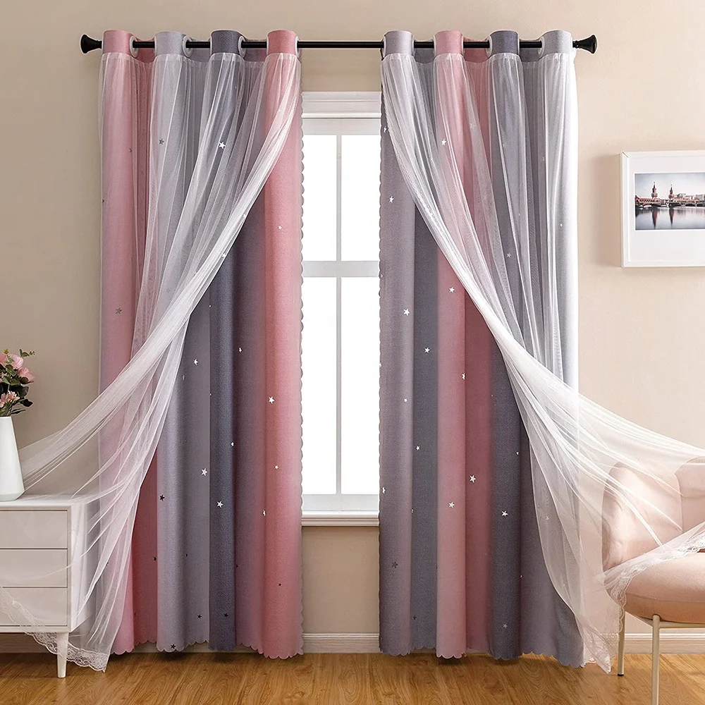Modern double layers lace blackout curtain  dream star for girl kids living room