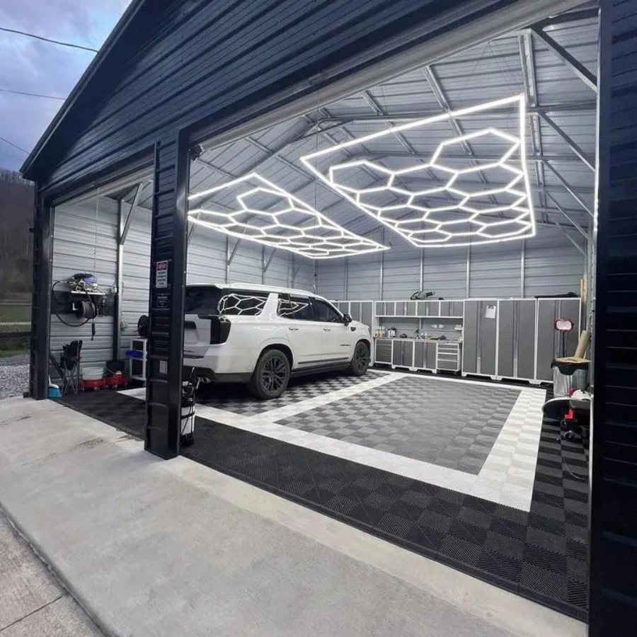 One-step Connection High Flux Car Showroom Ceiling Light Auto Workshop Designed Pink Outframe LED Hexagonal Kit
