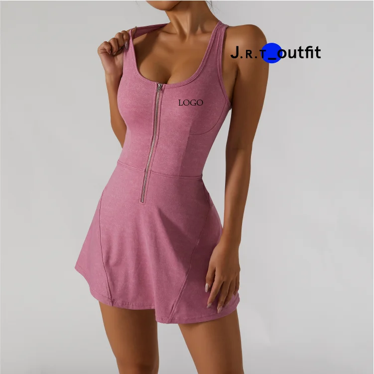 JRT Women Zipper Sports Yoga Golf Running Exercise Tennis Dress With Built in Shorts