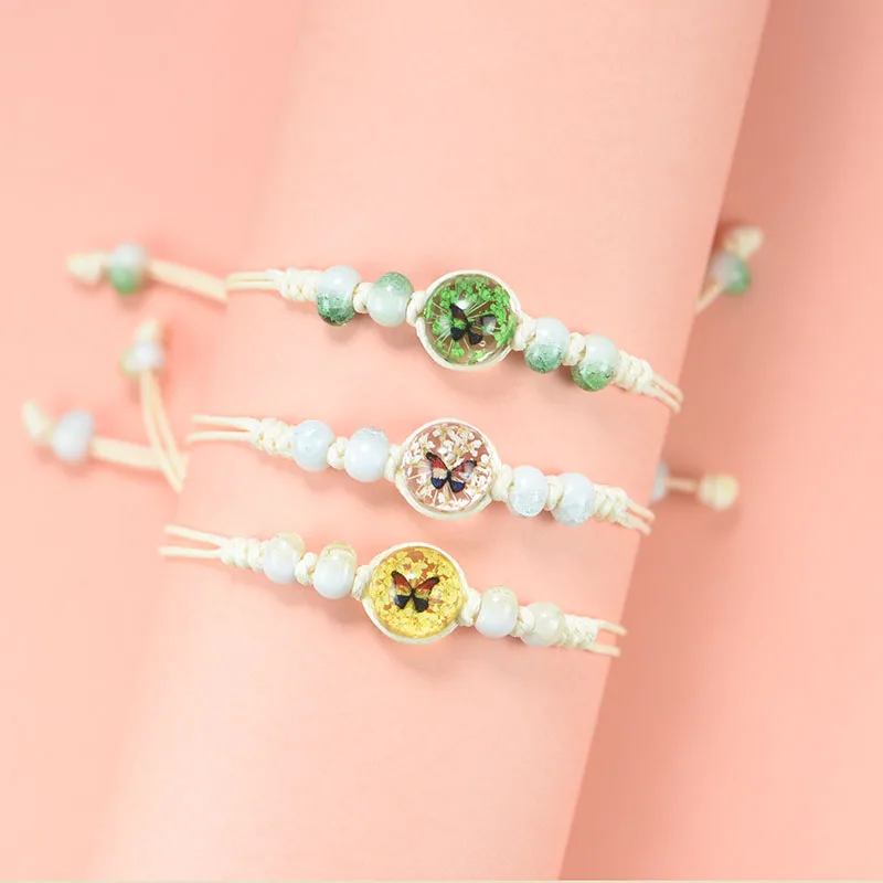 Flower bracelet hand-woven size can be adjusted Preserved flower and butterfly multi-color optional 12mm beads