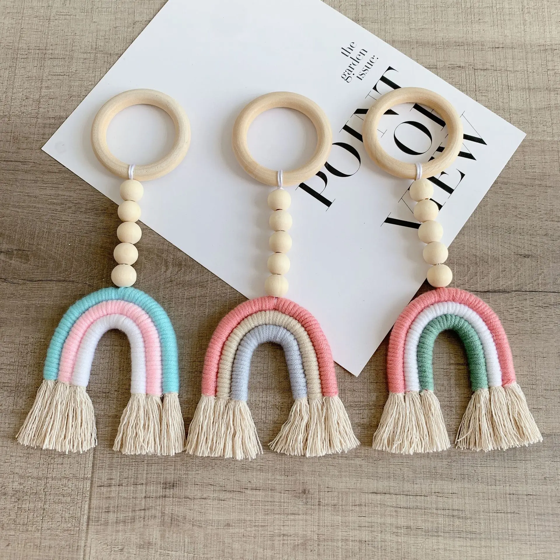 European Style Kids Home Decorative Children Room Baby Nursery Decor Wood Ring Tassels Macrame Rainbow Wall Hanging
