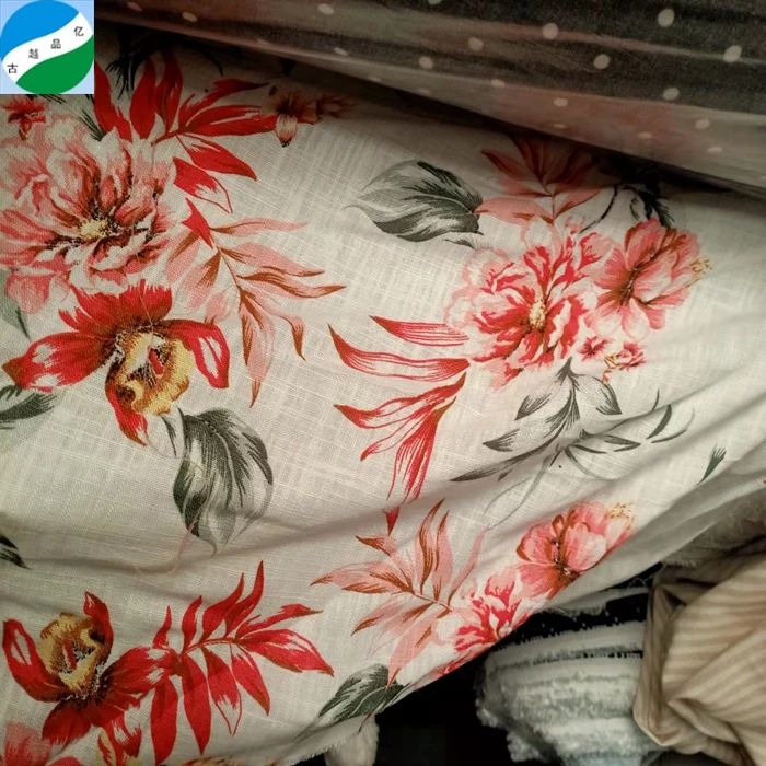 Line fabric stock kg price small rolls and middle rolls printed cotton linen fabric woven print shirt fabric