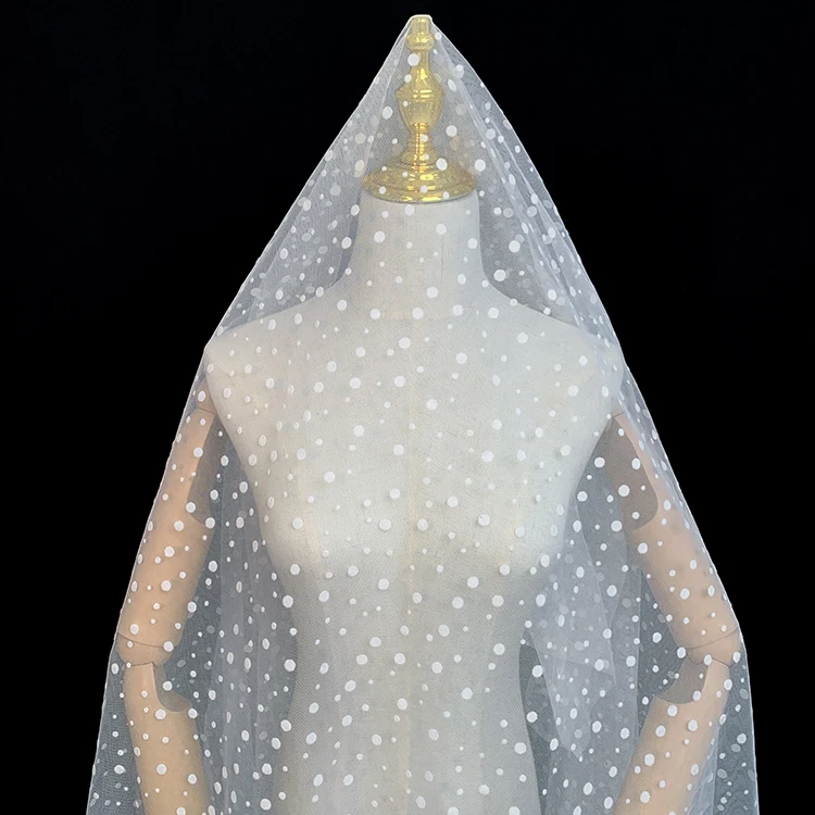 Custom white big and small polka dot mesh fabric flocking fabric