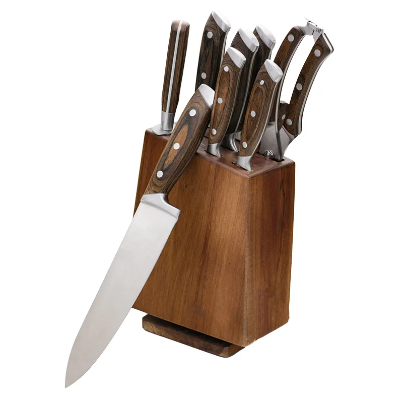 
2021 New Wholesale High Quality Carbon Steel Knife 15PC Carousel base Wooden Handle Kitchen Knife Set 