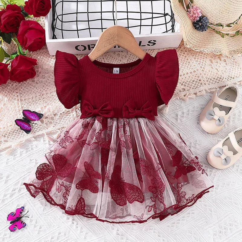 Children Clothing For Infant Toddler Girls Princess Dress Flying Sleeve Knitted Bow Butterfly Mesh Skirt  A-line Dress