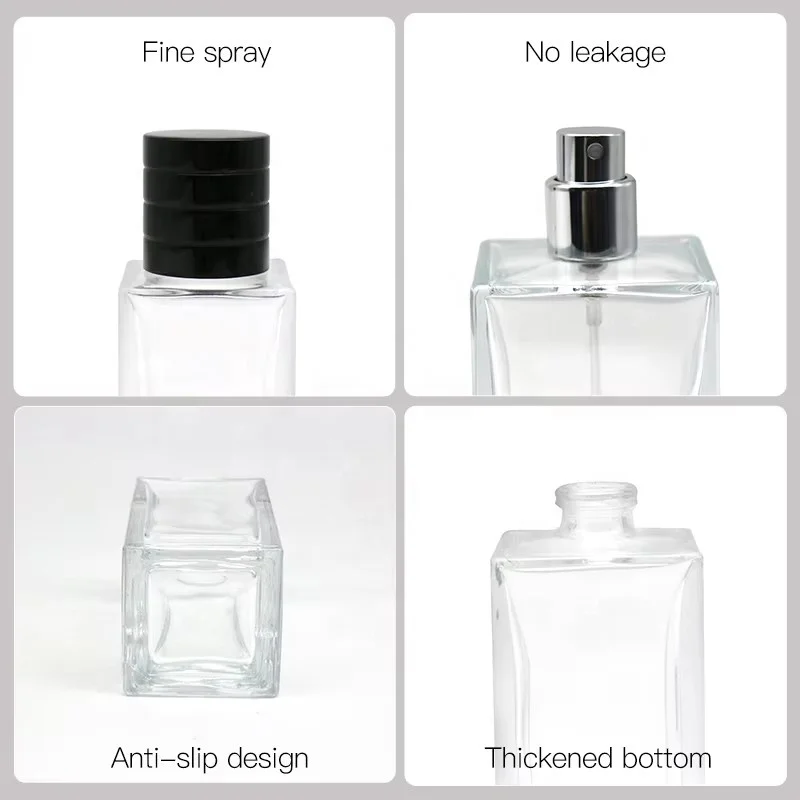 Hot Sale Recyclable Clear Square Transparent Flat Shoulder Perfume Spray Glass Bottle with Black Lid 100ml