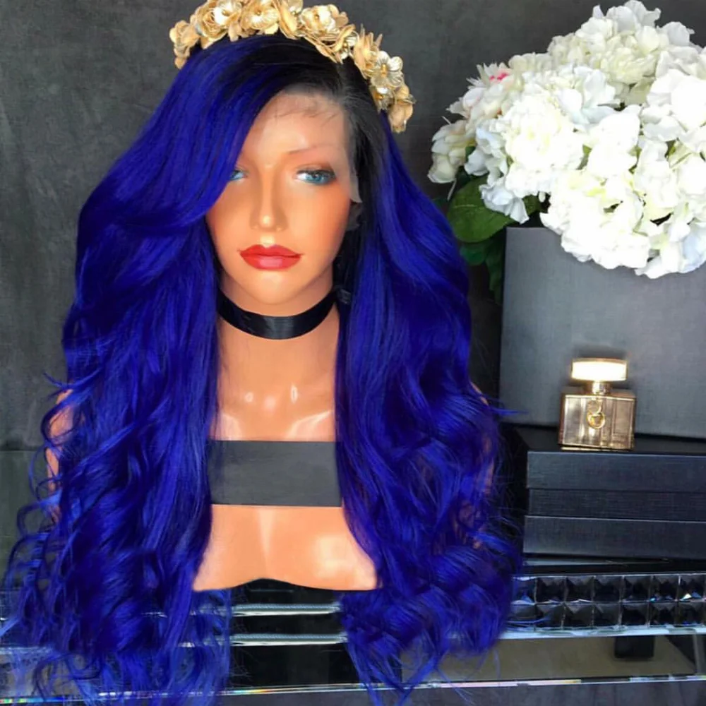 Новый популярный синий волнистый бразильский парик из натуральных волос, двухцветный парик с темными корнями для белых женщин