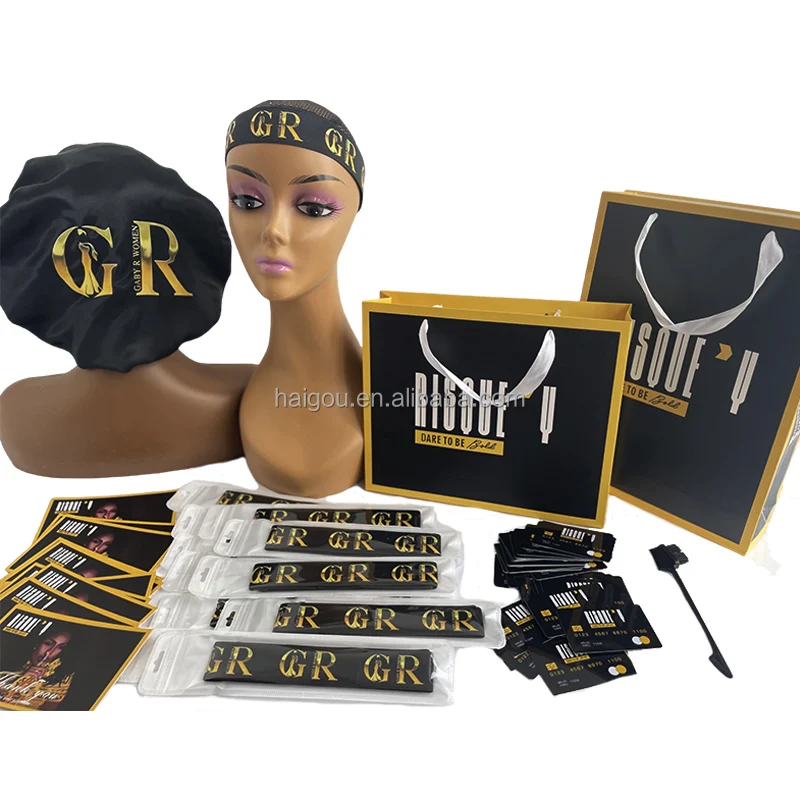 Personalised Private Label Custom Logo Print Soft Satin Night Sleep Durags Bonnet with Silk Hair Wrap Elastic Band Set