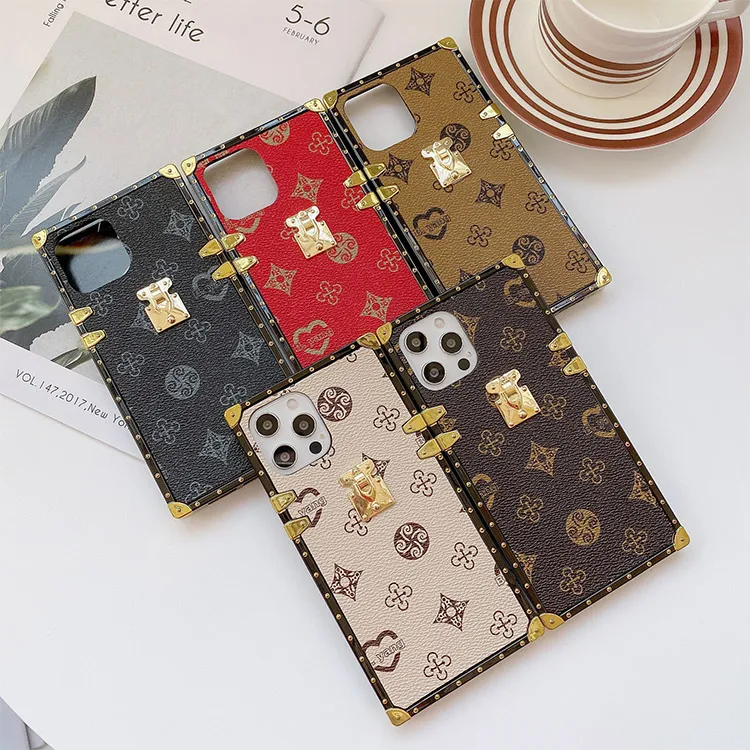 Brand Logo Wholesale Design Luxury Leather Square Mobile Phone Case Back Cover For 12 11 Pro Max Mini XR XS X 8 7 with Strap