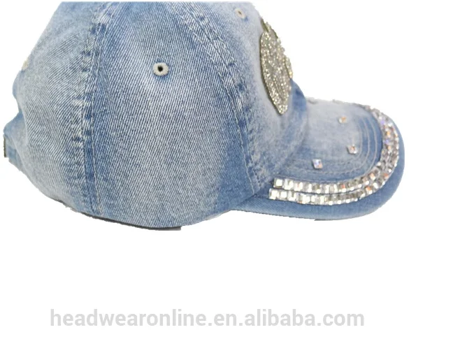 Fashion Custom Bling Rhinestone Washed Denim Baseball Cap 6 Panel Women Curved Brim Fitted Hat