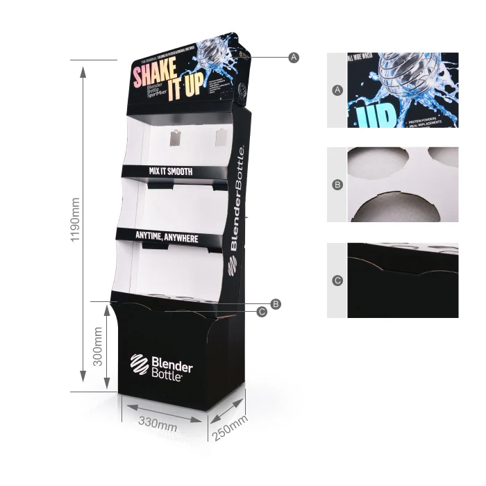 energy beverage corrugated floor display stand double sides 3 tiers cardboard shelf rack for retail gondola