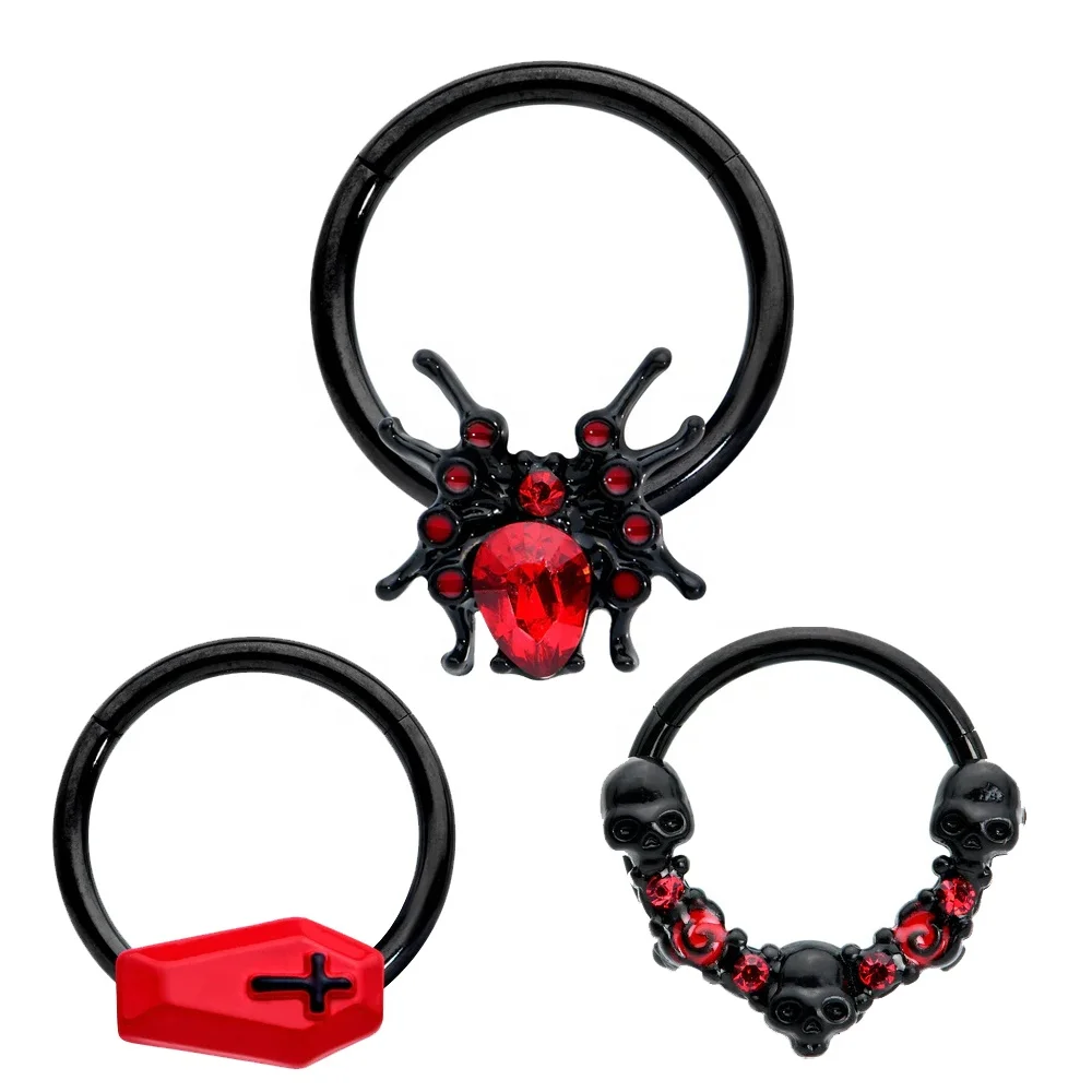 16 Gauge 3/8 Red Gem Black Spider Halloween Hinged Segment Ring Septum Clicker Cartilage Tragus Helix Piercing Earrings