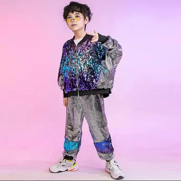 Jazz dance hip hop sequined dance performance costume kids two piece sets custom boys clothing sets