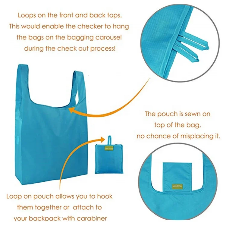 Custom Logo Big Supermarket Foldable Shopping polyester bag into Pouch Eco Friendly  Rpet Tote Reusable Grocery Bags