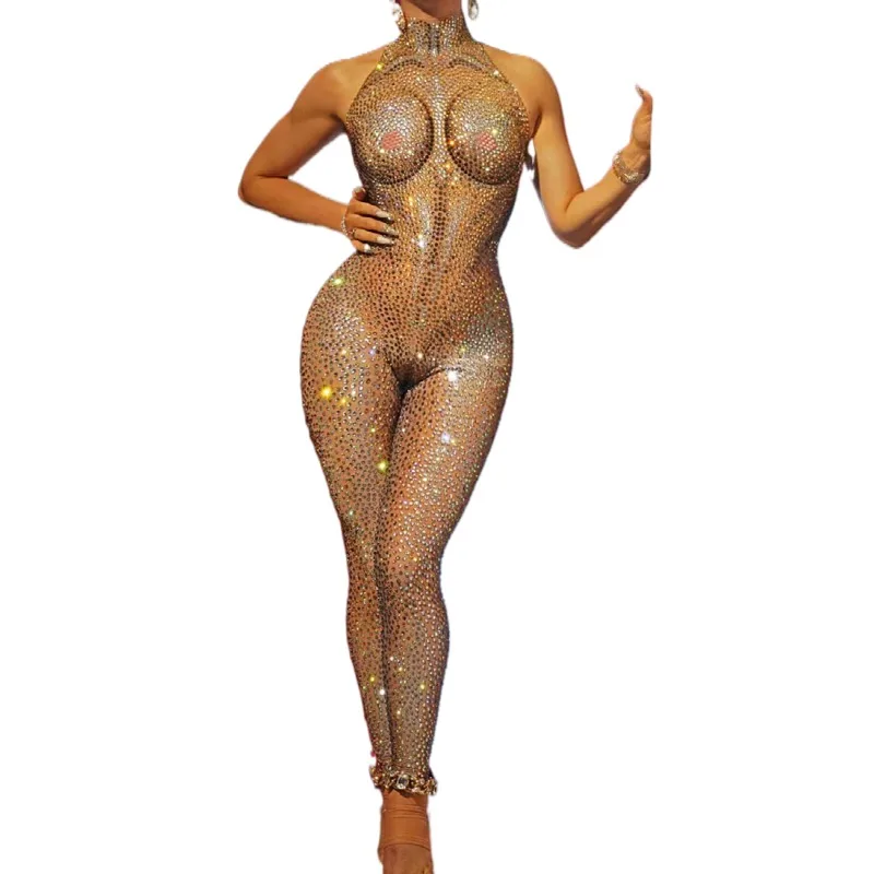 Sexy Sleeveless Mesh Gold Crystal Pole Dance Leotard Shiny Bodysuit Stage Costume Party Club Rompers Women One Piece Jumpsuits