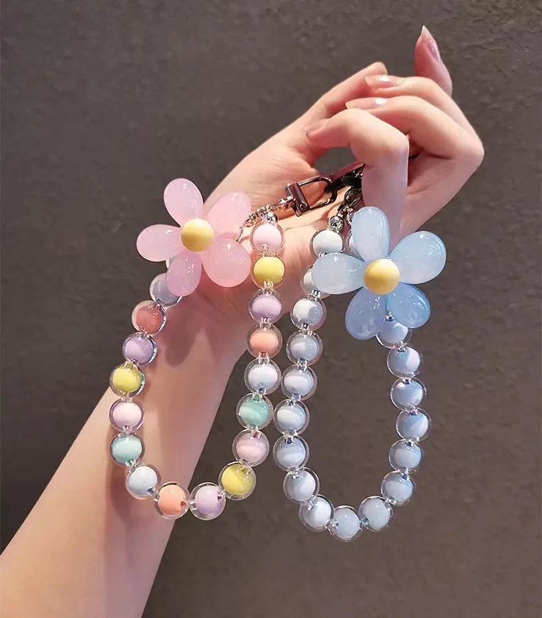 Handmade Crystal Bead Bracelet Phone Lanyard Phone Charms key Chain  Flower Mobile Phone Chain Wrist Straps Trendy Girl Keychain