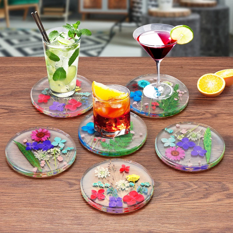 Real Natural Flower Design Handmade Epoxy Resin Clear Coasters Coffee Tea Cup Mats Pad For Gifts Decor