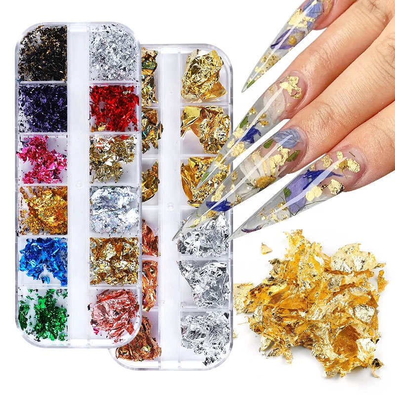 Foil Holographic Aluminum Flakes Stickers Sequins  3D Glitter Decoration DIY Design Accessories  Nail Art Gold Nail Decals