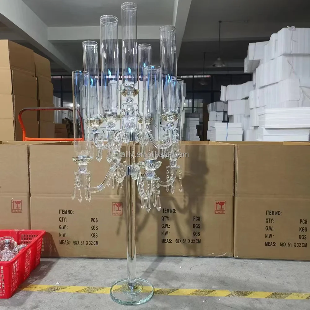 Tall Crystal Candelabra Centerpiece Suppliers 9 Arms Clear Crystal Candlesticks Holder For Wedding Decor