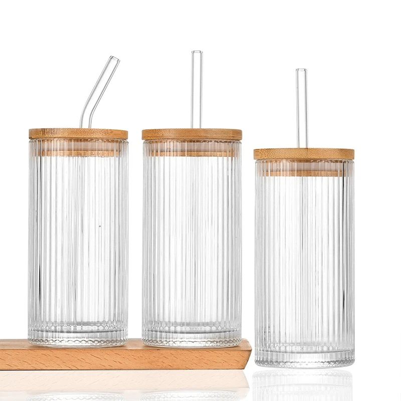 New 12oz Vertical Design Juice Cup Set Cola Can Glass Coffee Mug Milk Tea Cup Glass With Bamboo Lid And Straw
