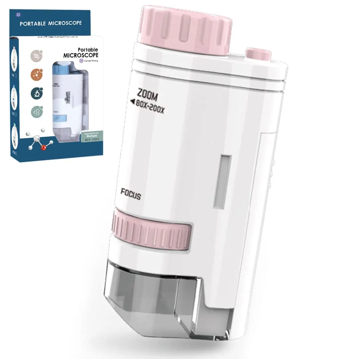 60-200x Zoom Kids Portable Microscope Pocket Handheld Mini Microscope with LED Light High Definition for Students