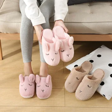 Non-slip slippers for men and women cute ears plush rabbit slippers indoor soft bottom cloth home slippers