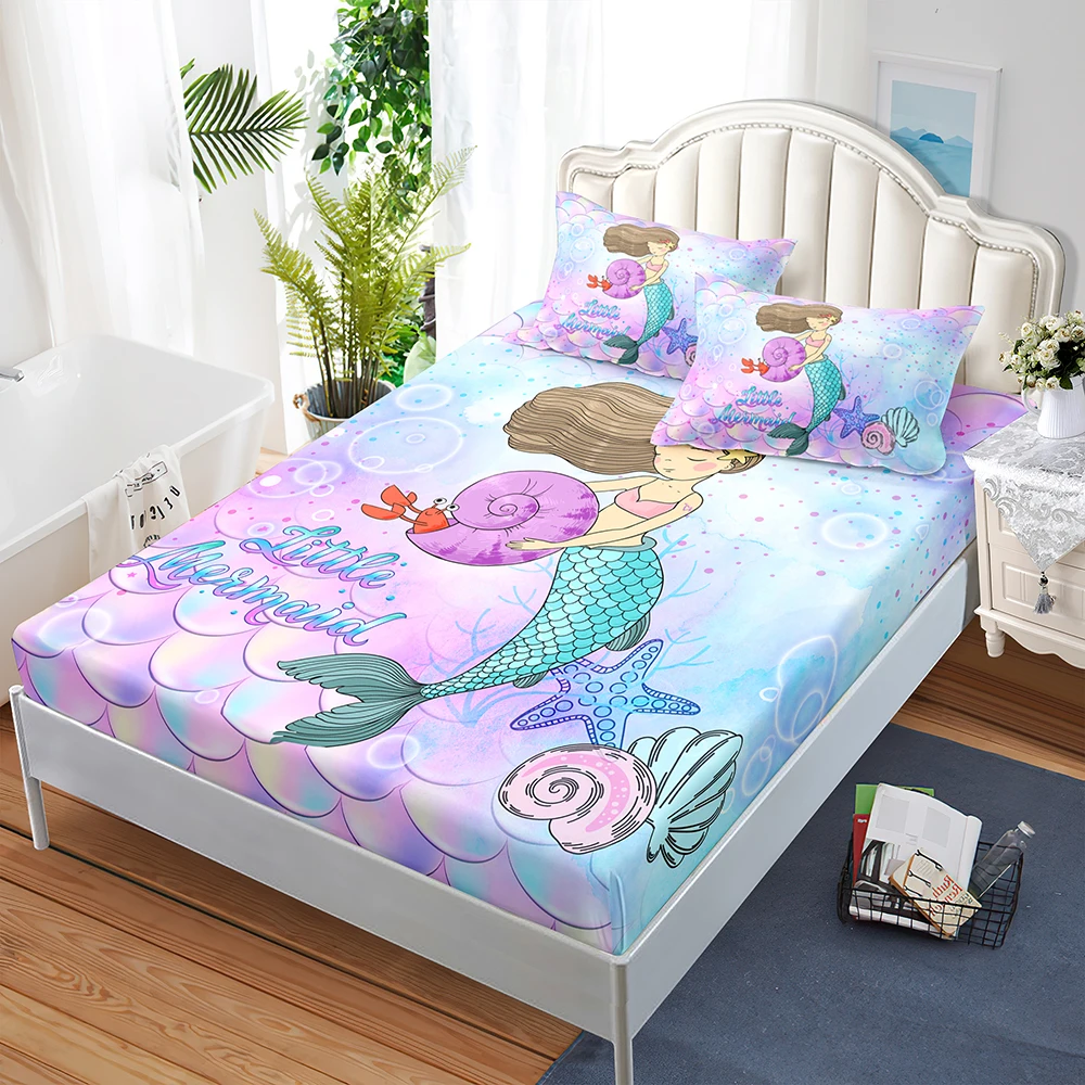 Cute cartoon mermaid girl 3D digital printing fitted sheets bedroom bedding set mattress cover