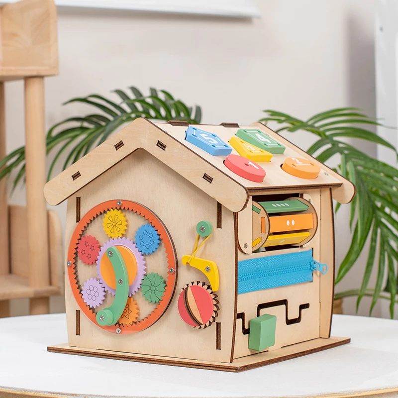 Kids Montessori Busy House Wooden Busy Board Toy for Toddlers Sensory House Activity Cube Toys Intelligence Unlock Box