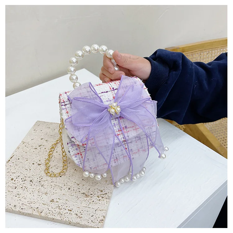 Fashion Baby Girls Pearl Bow Crossbody Bags Cute Children Pearl Handbags Toddler Kids Mini Purse