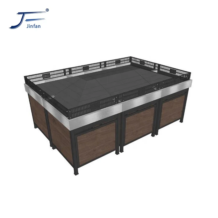 Лучший выставочный стенд для овощей и фруктов из нержавеющей стали для супермаркета с деревянным украшением