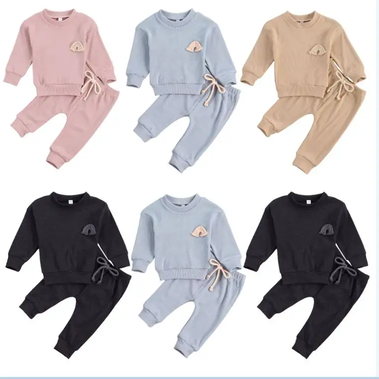 
Baby Girls Boys Solid Color Clothes Set, Rainbow Embroidery Long Sleeve O-neck Tops + Drawstring Waist Long Pants 