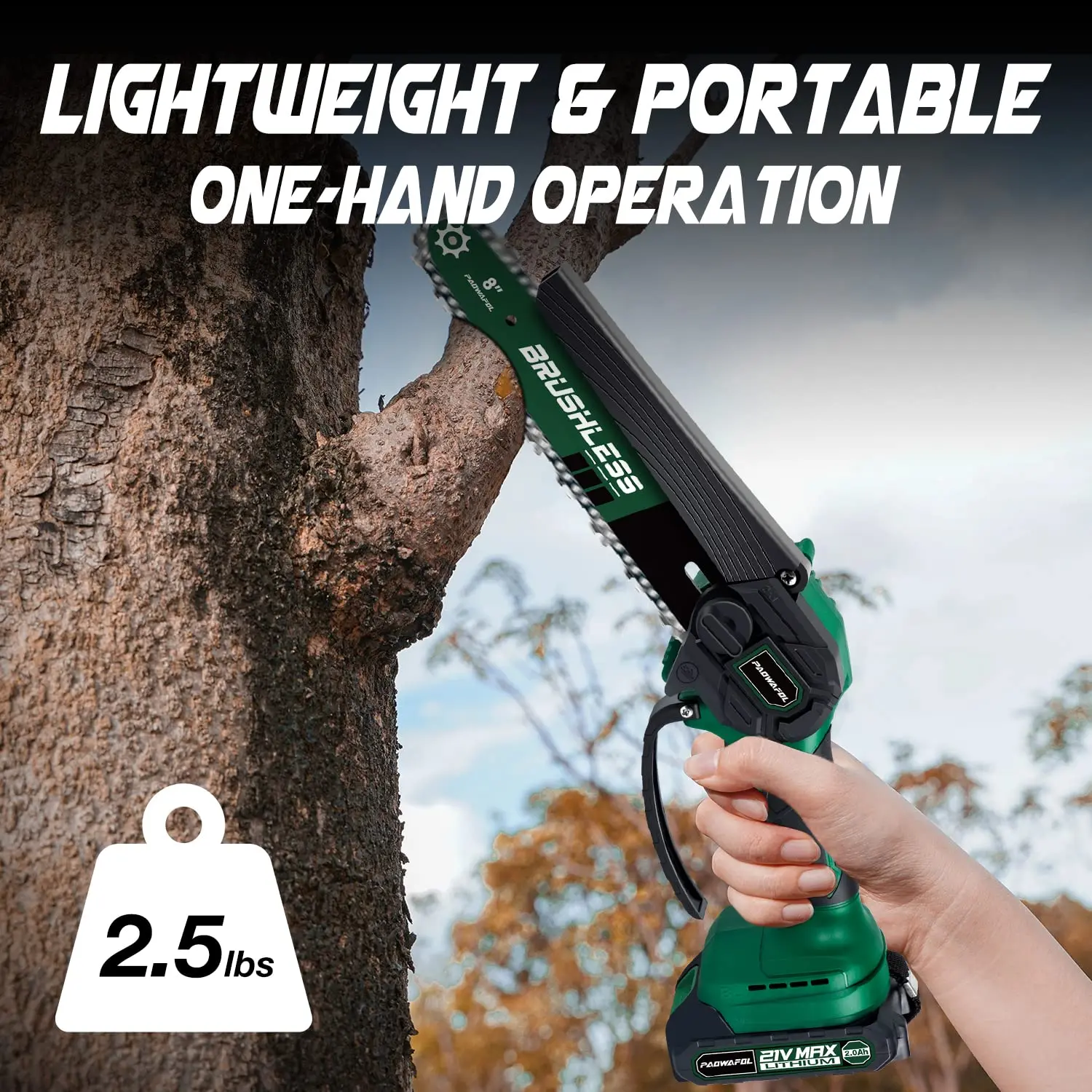 Lithium Battery Powered Cordless Mini Electric Chainsaw 8 inch with Brushless Motor Saw Chains for Trees Pruning Trimming