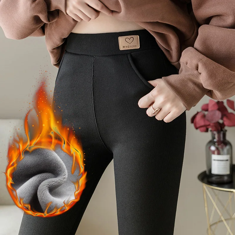 Winter Thick 350/450 g Cashmere Warm Women Pants Fashion Thin Leg High Waist Side Pocket Fleece Fuzzy Warm Women Leggings
