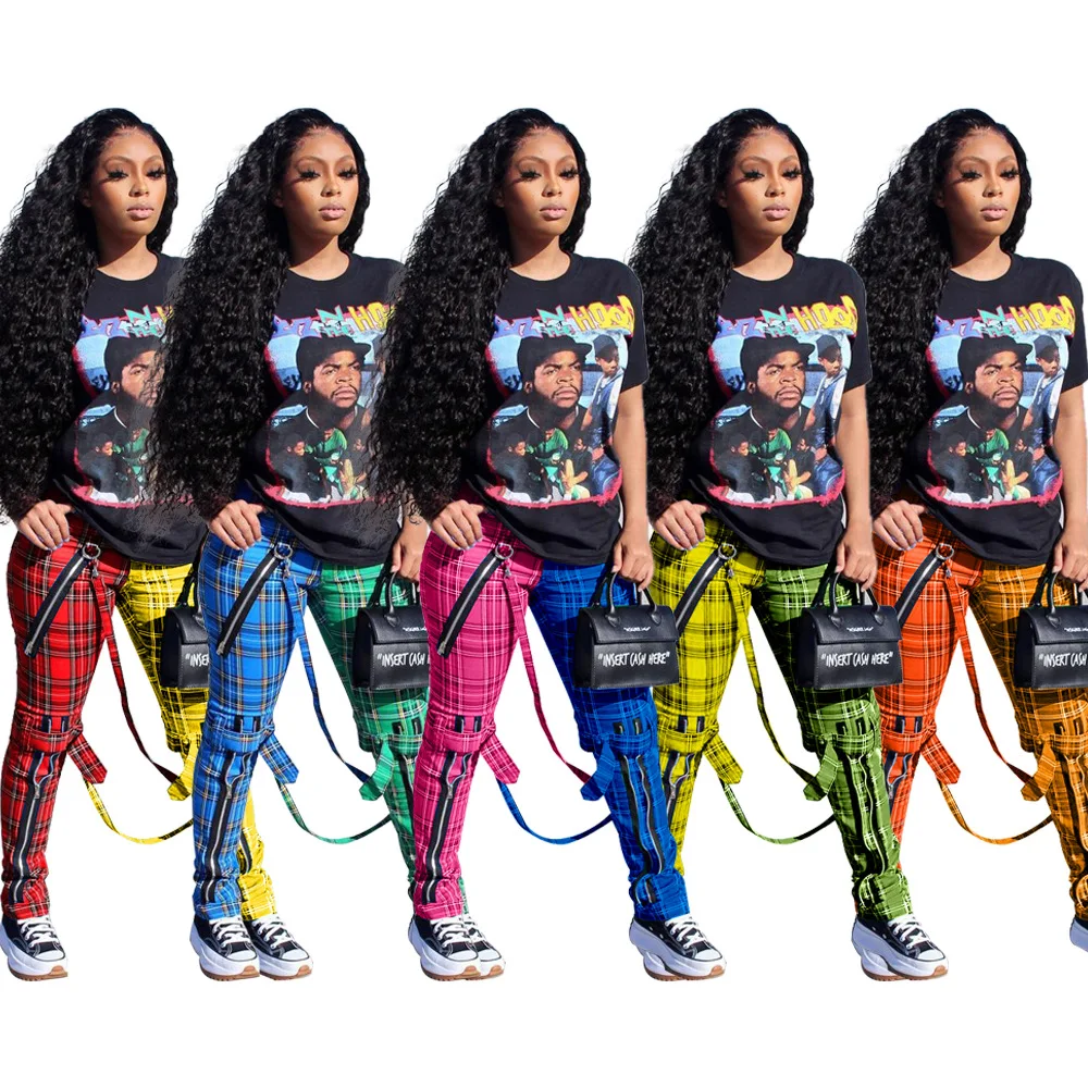 2021 New Arrivals Women Hip Hop Pants With Chain Zip Streetwear High Waisted Cargo Plaid Pants Two Tone Patchwork Pants Women