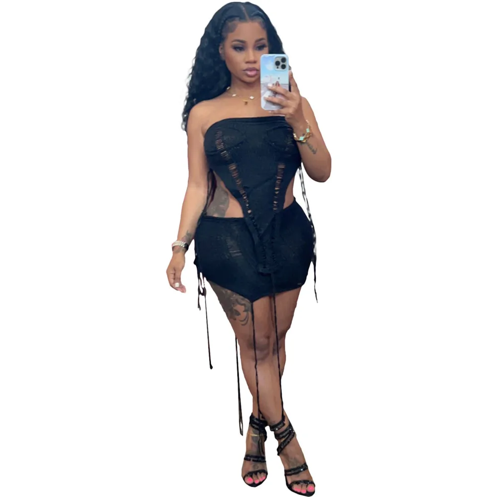 New Trendy Sexy Sleeveless Strapless Irregularity Top Mini Skirt Beach Wear Crochet 2 Piece Set Women Knitted
