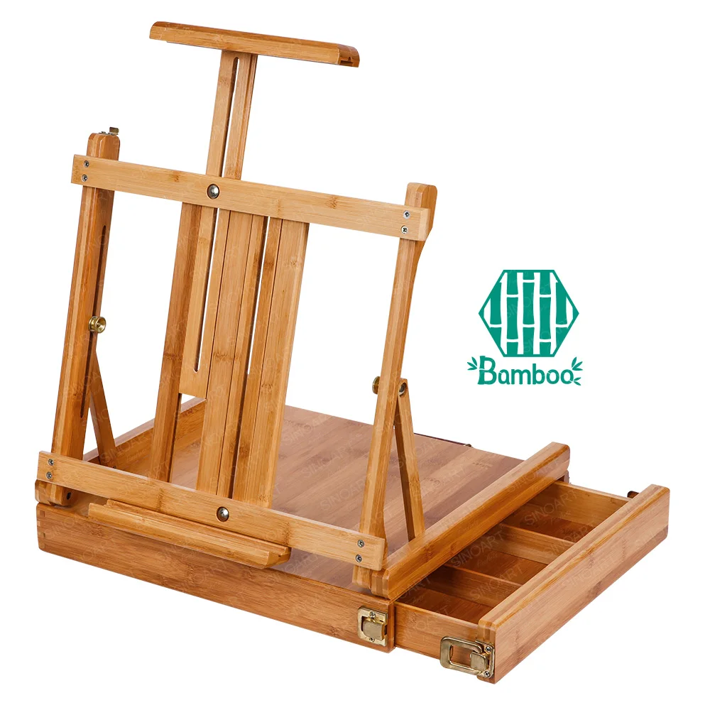 SINOART Bamboo Portable Adjustable Artist Painting Tabletop Box Easel With Drawer