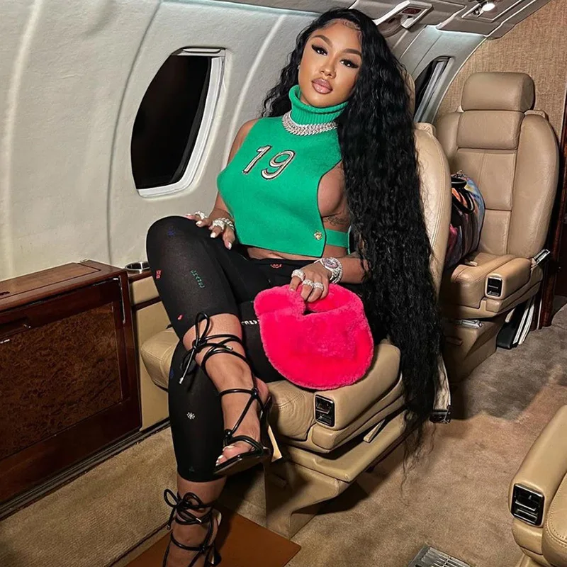 K21L09654 dropship Solid Color letter ladies top number 5 Sleeveless T-Shirt Turtleneck Tube Top Hollow Out Women knit crop top