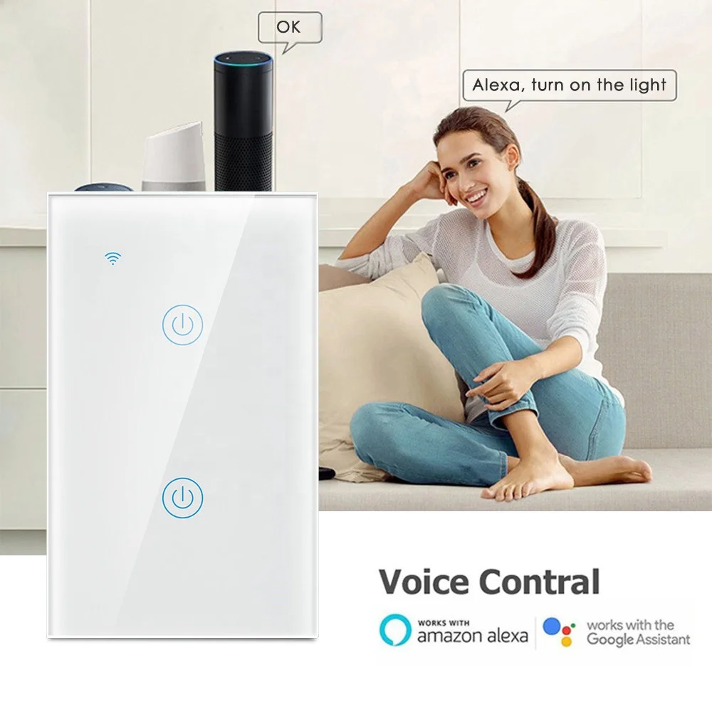 Оптовая продажа Wi-Fi 2 Gang сенсорный переключатель электрических выключателей 220V/2 4 ГГц пульт дистанционного управления выключатель света Умный дом работает с Alexa