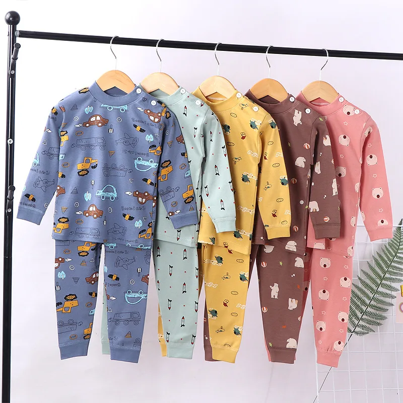 Cotton Long Sleeping For Children Baby Cotton-Cotton Warm Round Neck Pajamas For Kids Boys Girls For Home Wear 2 Piece Sets