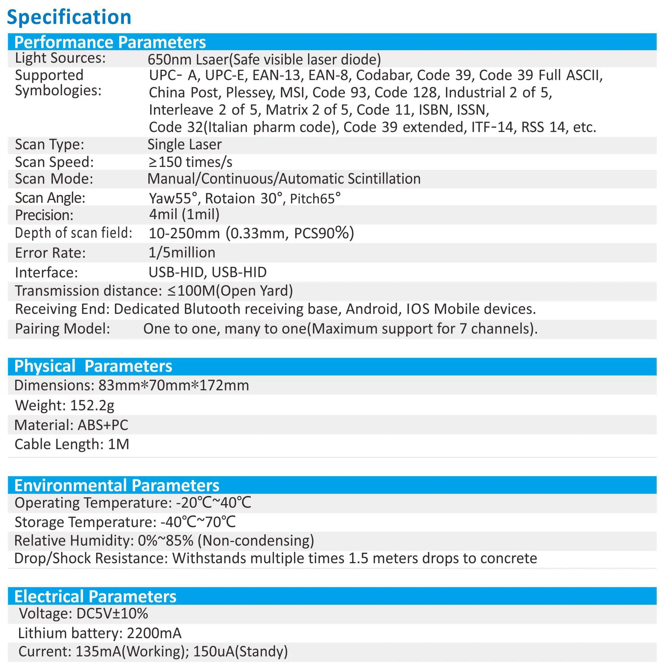 XB-5066BT Syble Supermarket Cordless 1D Scanner Android Handheld Wireless Barcode Scanner with Cradle