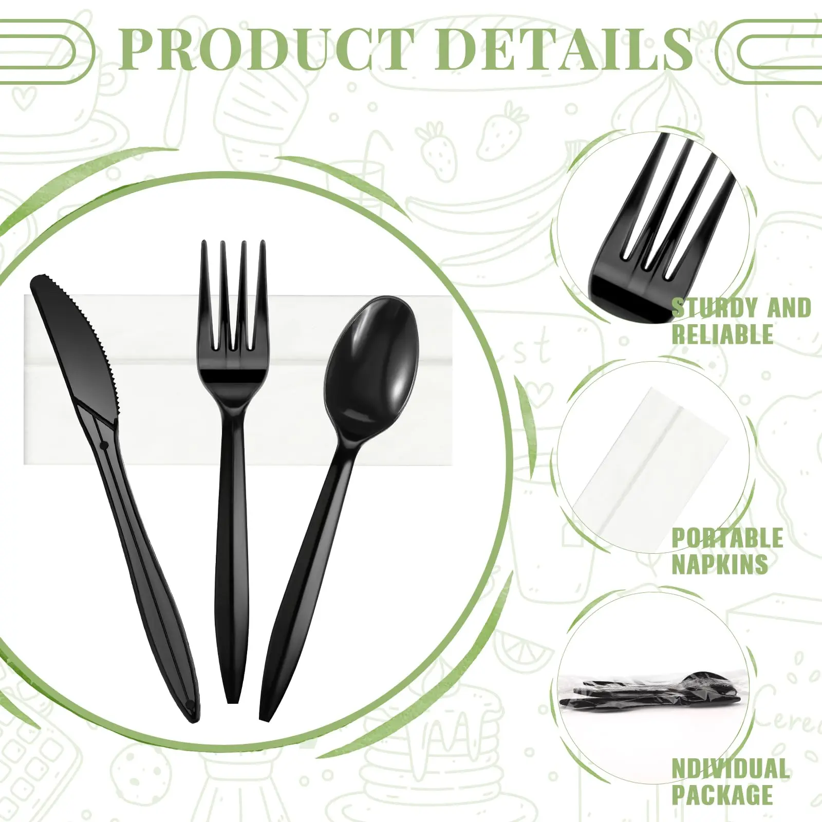 Wholesale Individually Wrapped Plastic Cutlery Bulk Disposable Black Knife Fork Spoon Napkin Sets