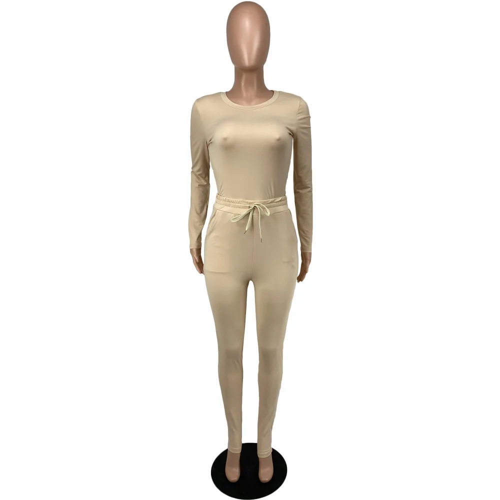 2021 New Arrivals Solid Women 2 Piece Legging Set Fall Clothes Drawstring Pants Matching