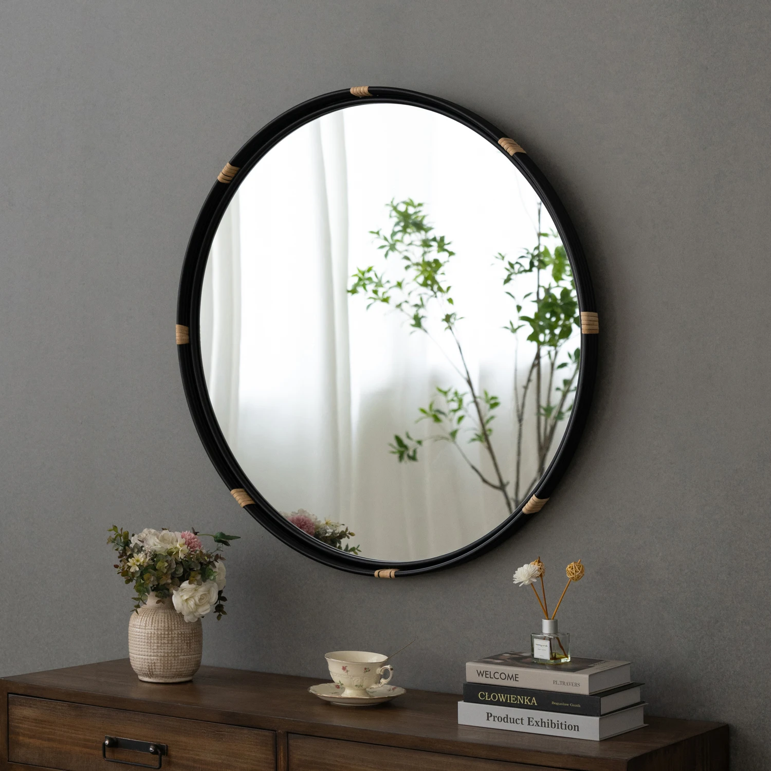 Novelty circle black metal rattan frame wall mirror for living room
