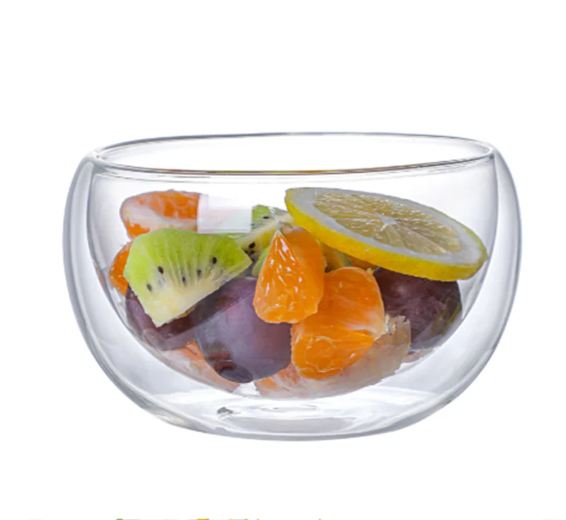 Heat Resistant Double Wall Glass Round Shape Borosilicate Glass Salad Bowl