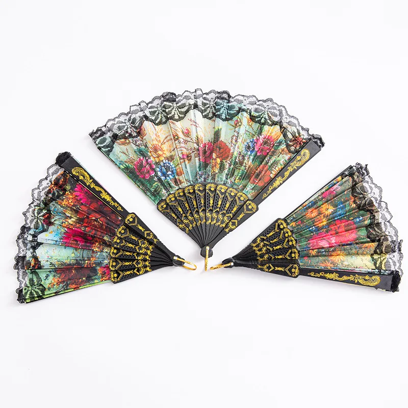 Wholesale Spanish Hand Fans With Lace Silk Fabric Spanish Folding Hand Fans